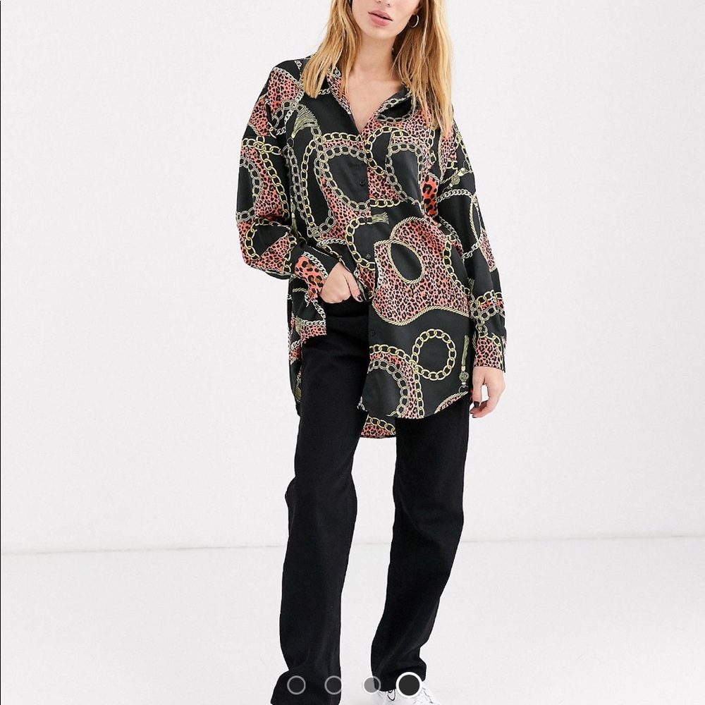 Monki Oversize Satin Blouse with Chain Print